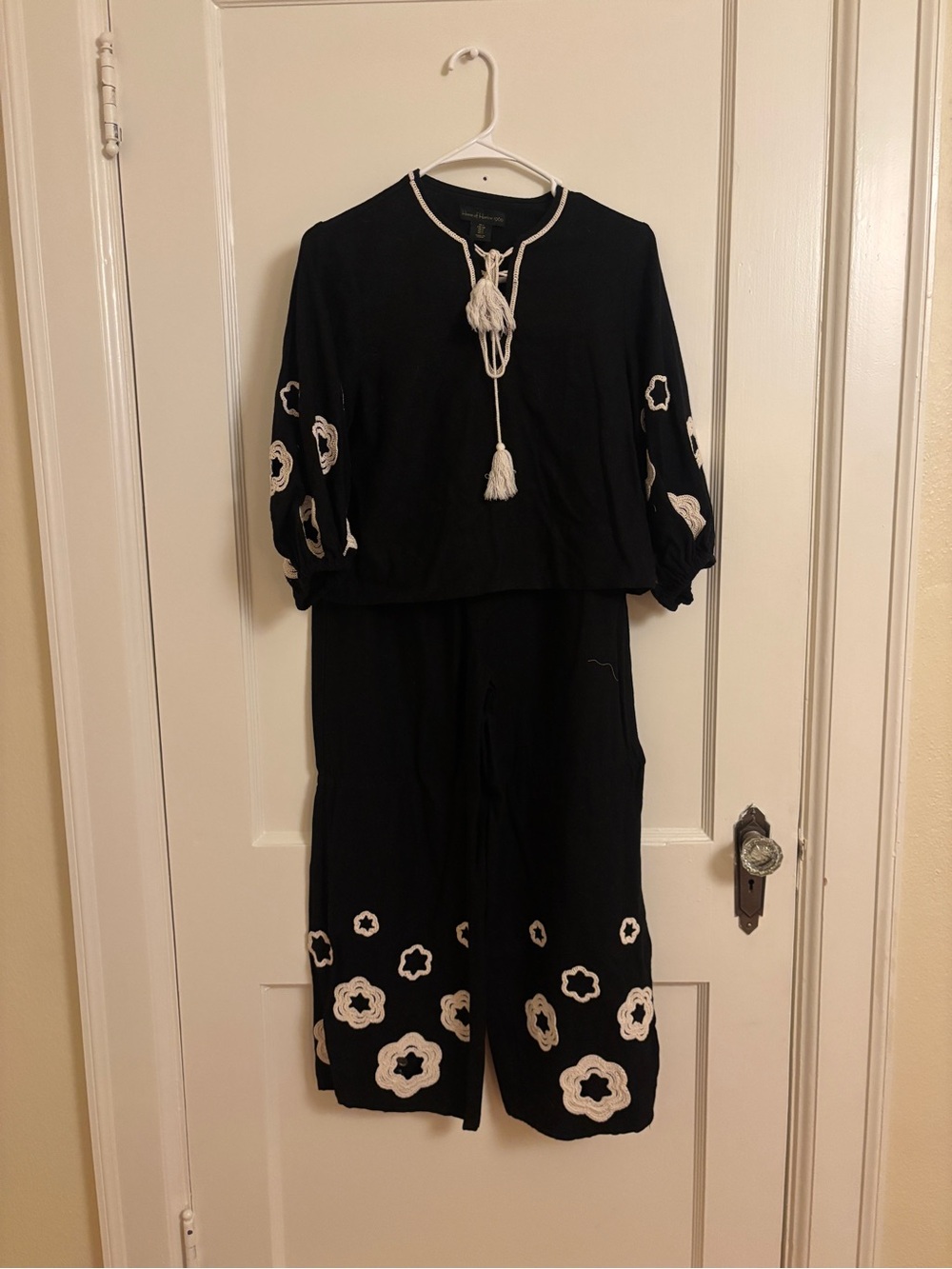 House of Harlow Black Floral Embroidered Pant Set with Tassel Tie